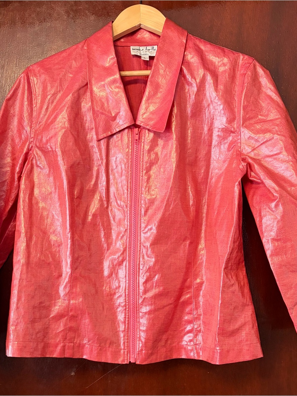 Monika Turtle Studio Metallic Coral Pink Zip-Front Leather Jacket